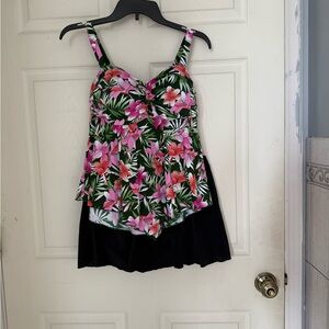 Floral Tankini Top with Black Skirt swimsuit